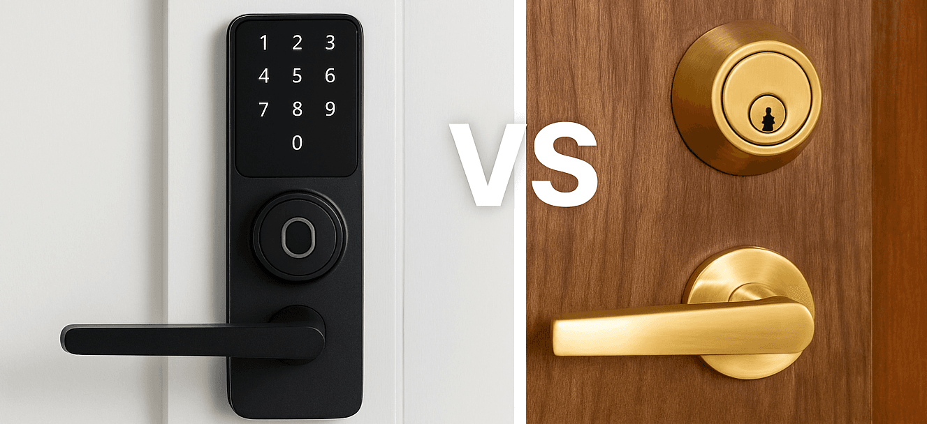 Smart lock next to a traditional deadbolt
